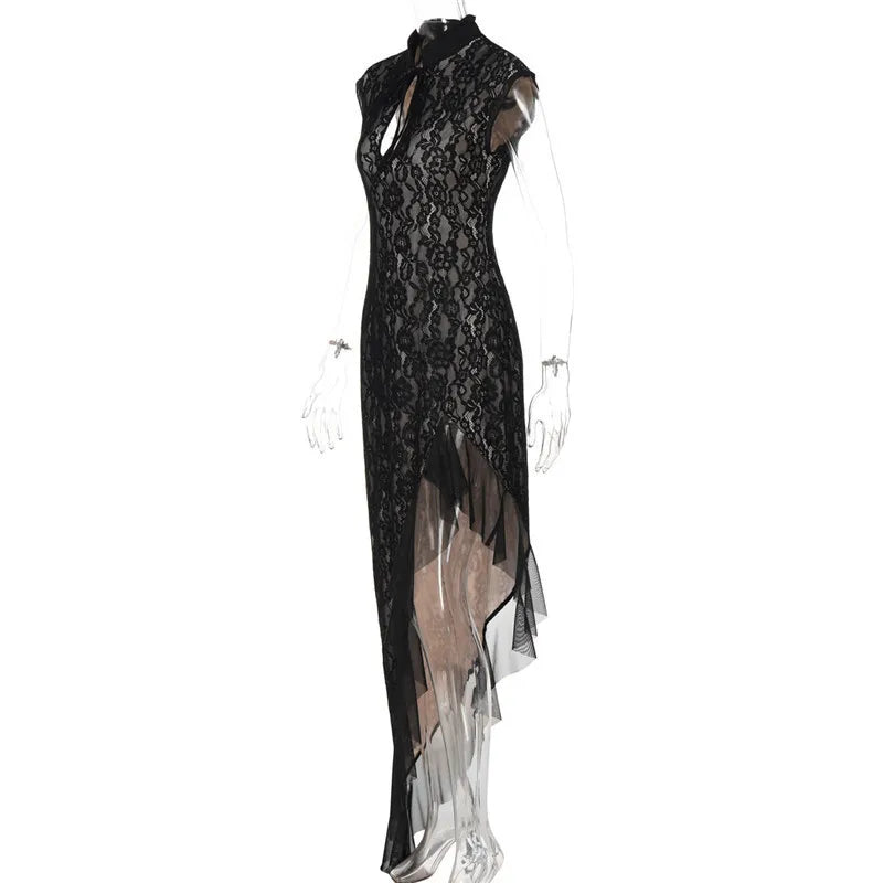 Mesh Lace Ruffled Black Hollow Out Long Dress