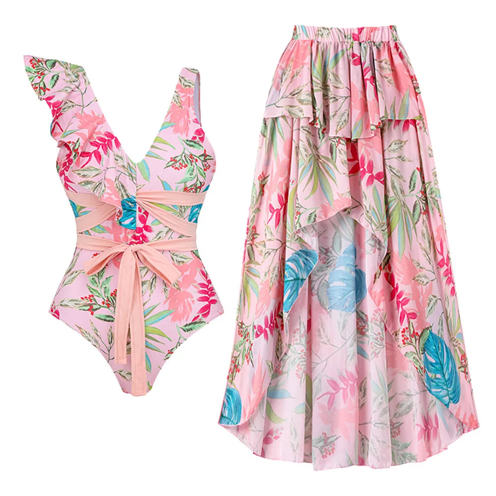 One Piece Swimsuit Floral Ruffle Printed Push-Up Bikini Set