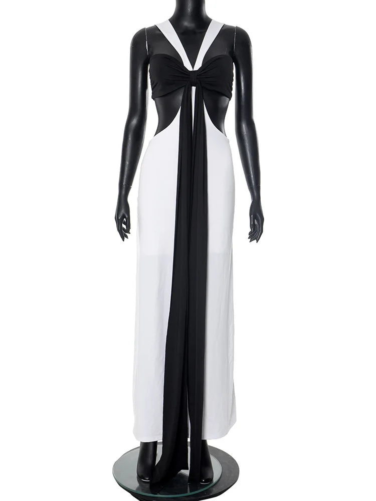 Patchwork Contrast Hollow Out Split Long Dress
