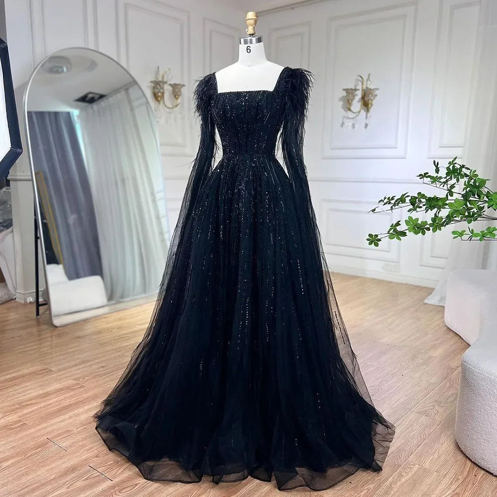 Cape Sleeves Feathers Beaded Evening Dresses