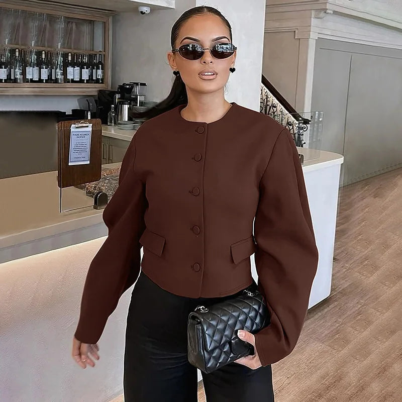 Round Neck Long Sleeve Jacket Mini Skirt Suit