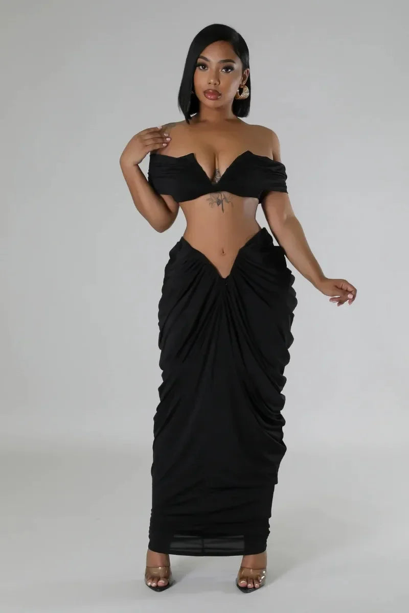 Pleated Strapless Crop Top and Long Skirt Suit