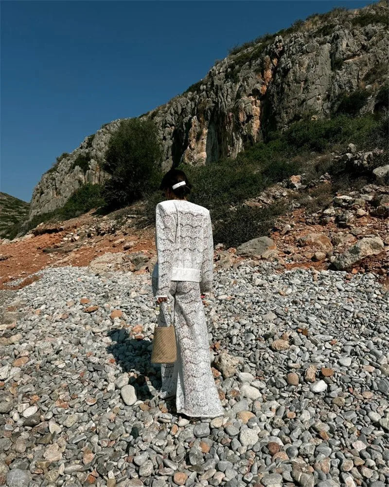 White Lace Two-Piece Loose Trouser Set