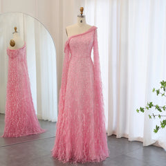 Feather Cape  One Shoulder Evening Gown
