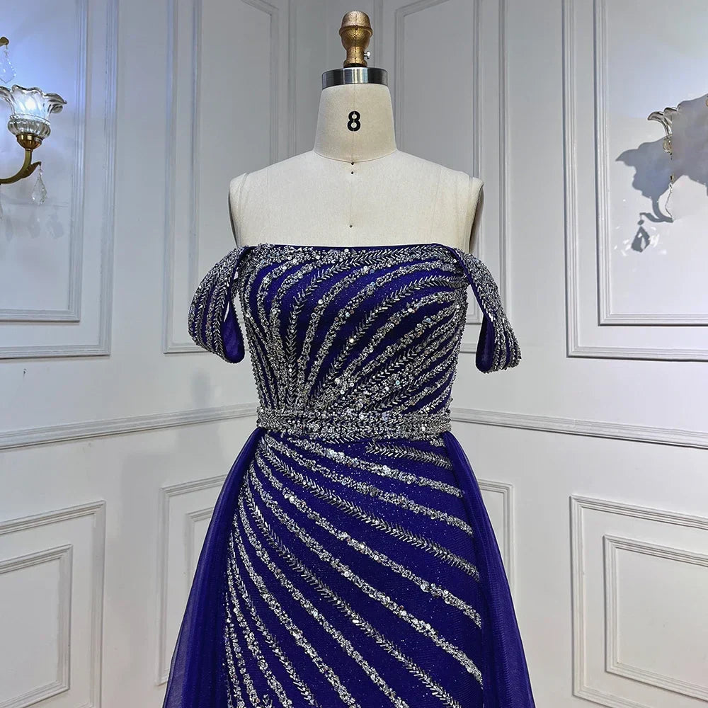 Boat Neck Split Mermaid Elegant Beaded Gowns