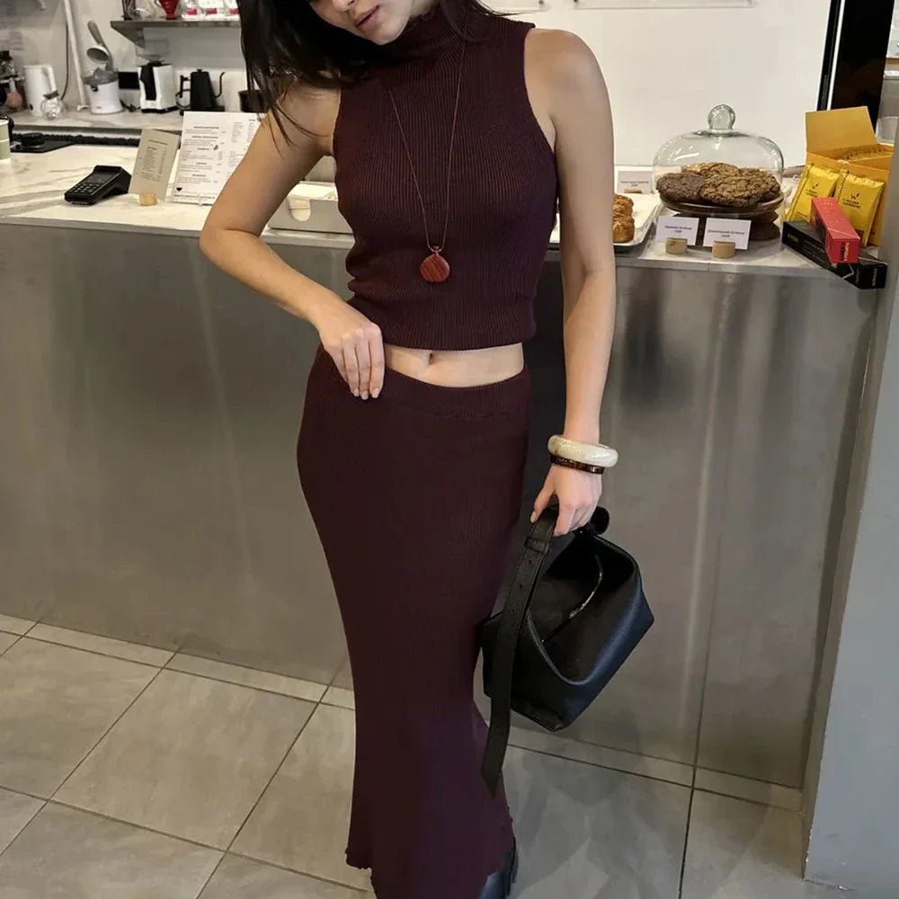 Solid Knit Sleeveless Top Long Skirt Set