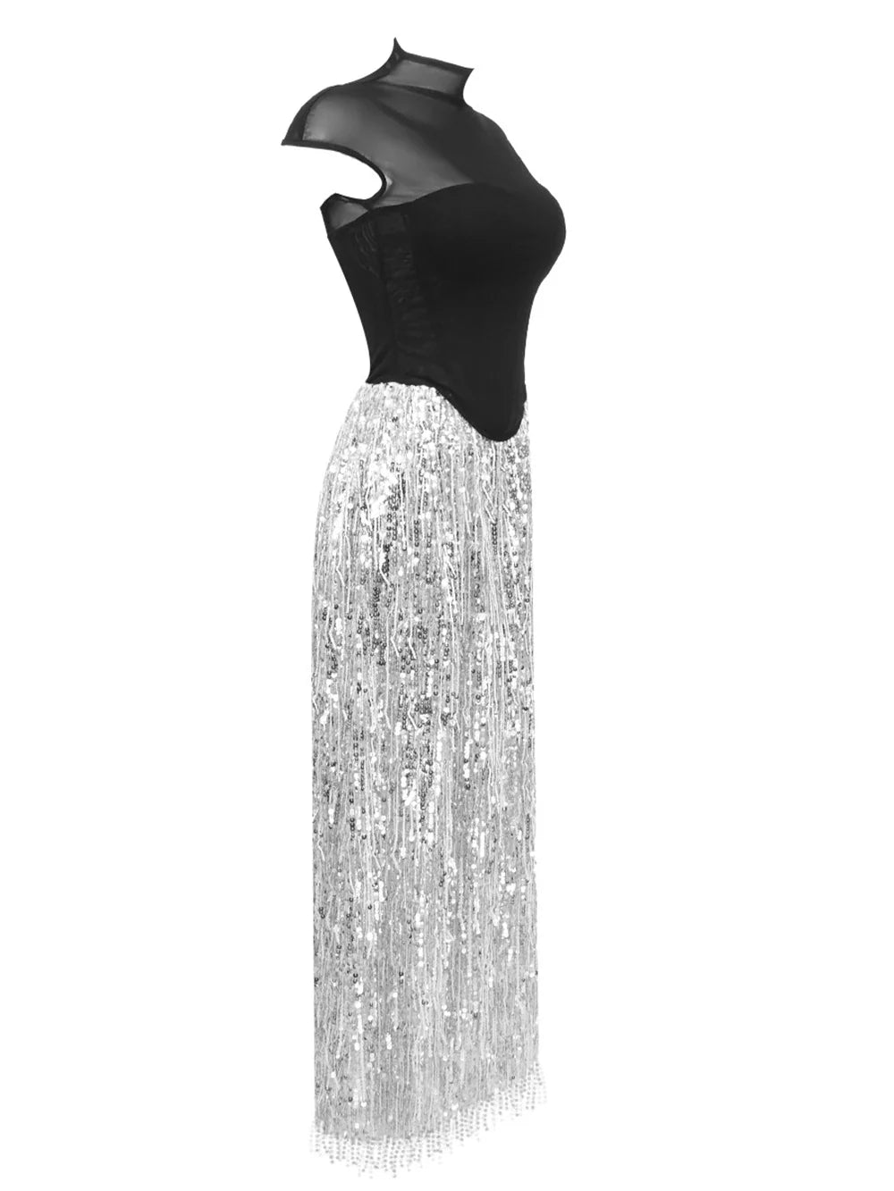 Black Fishbone Top Sequin Mesh Long Skirt Set