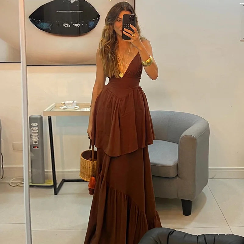 Brown V-neck Layered Maxi Dress