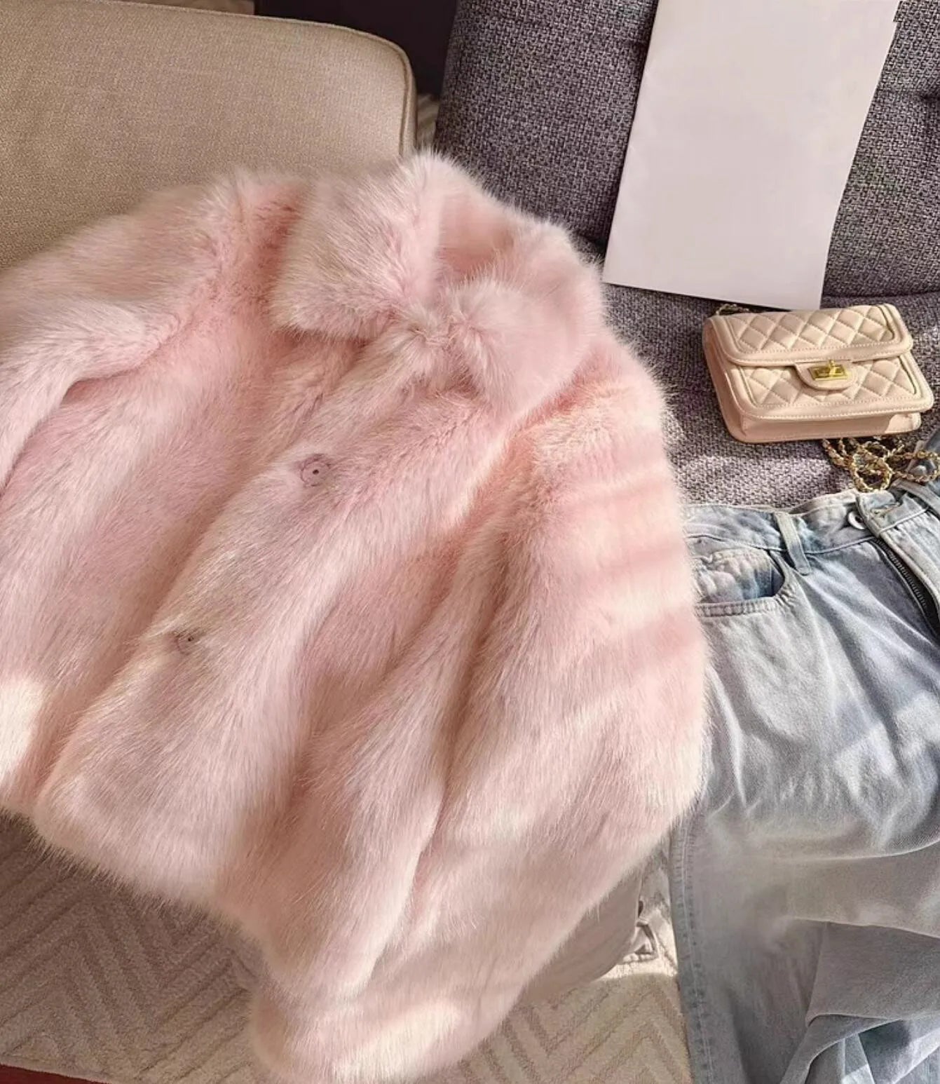 Pink Faux Fur Warm Furry Short Jacket Outerwear