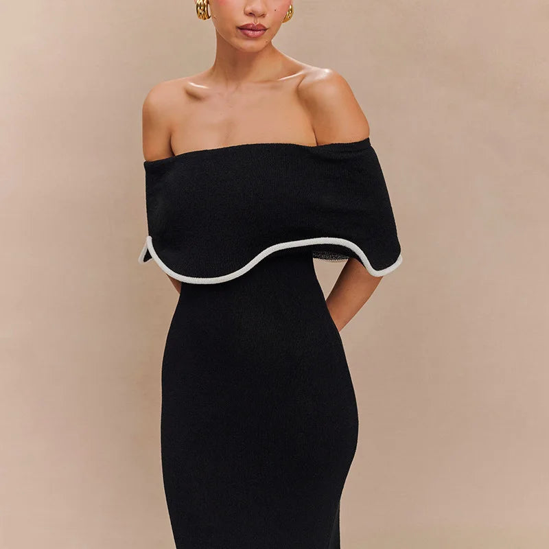 Strapless Ruffles Black Midi Dress