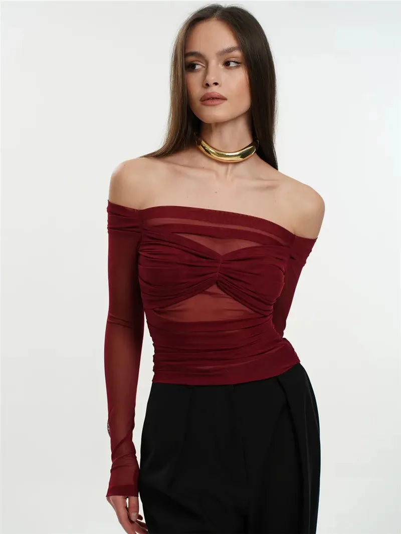 Mesh Off-shoulder Pleated Bust Strapless See Through Top
