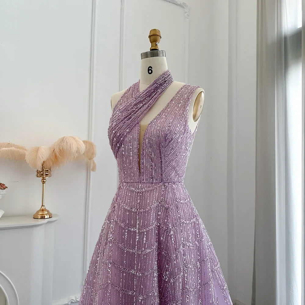 Beaded Lilac Halter Neck Evening Gown