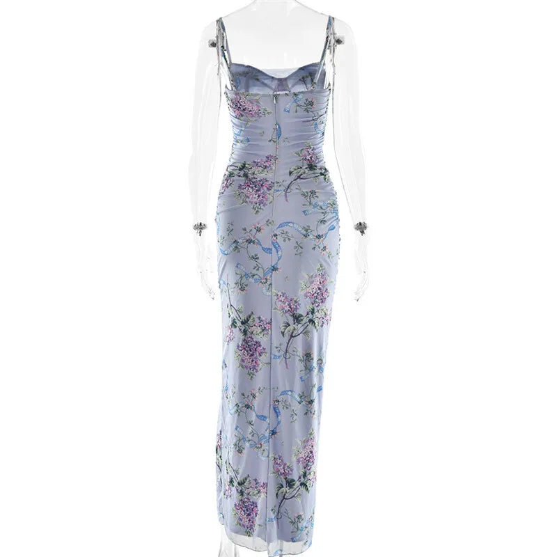 Floral Print Mesh Zipper Spaghetti Strap Long Dress