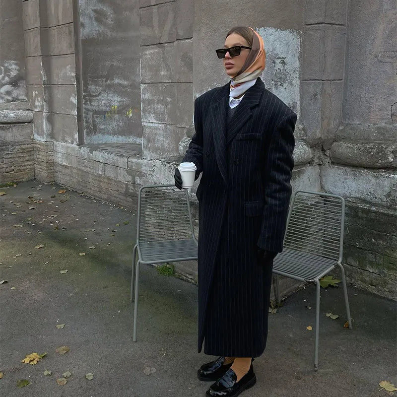 Lapel Striped Oversize Full Sleeve Long Coat