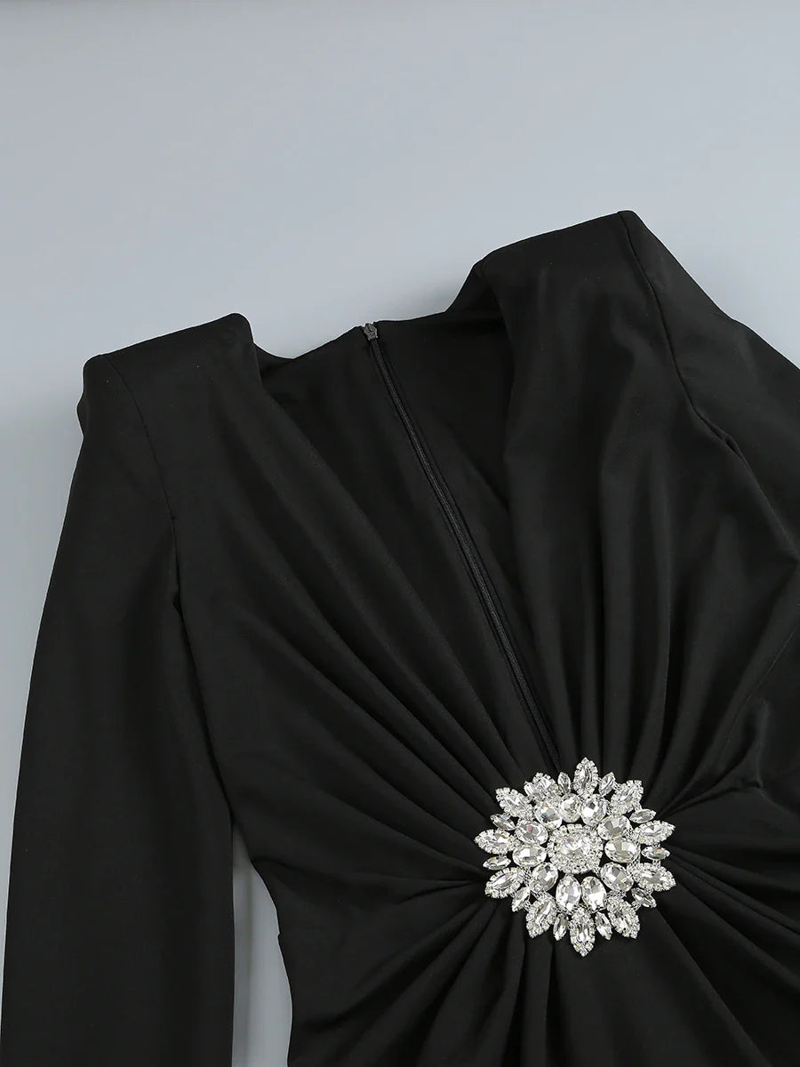 Deep V Neck Black Rhinestone Floor Long Dress