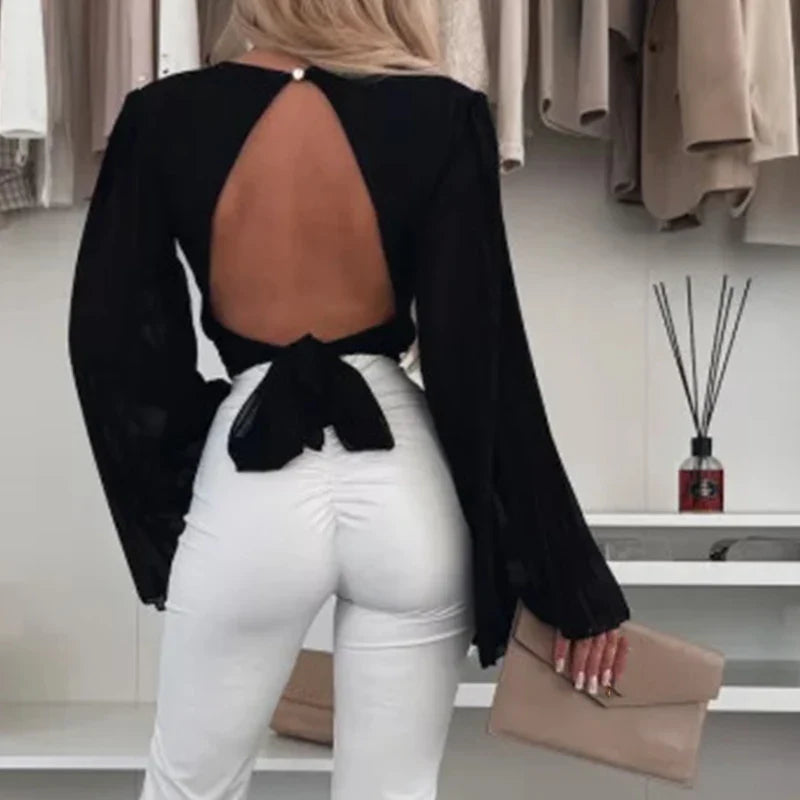 Solid Color Hollow-out Chiffon Bat Sleeve Blouse
