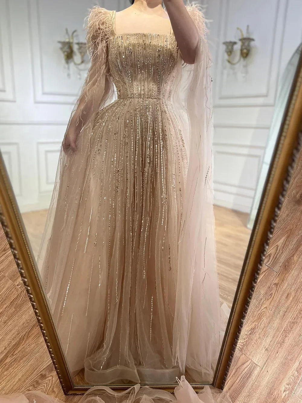 Cape Sleeves Feathers Beaded Evening Dresses