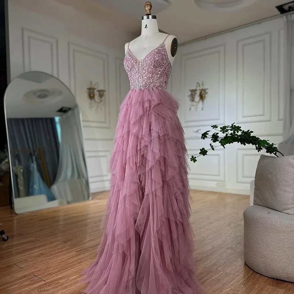 Pink Evening Gown Beaded Bodice and Layered Tulle Skirt