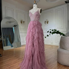 Pink Evening Gown Beaded Bodice and Layered Tulle Skirt