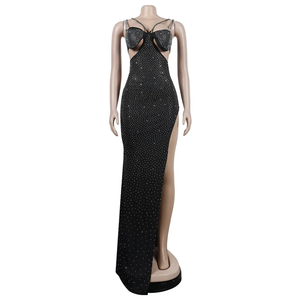 Spaghetti Strap Mesh Black Long Dress