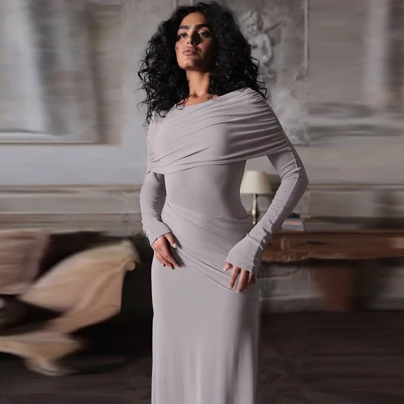 Solid Long Sleeve Irregular Splice Long Dress