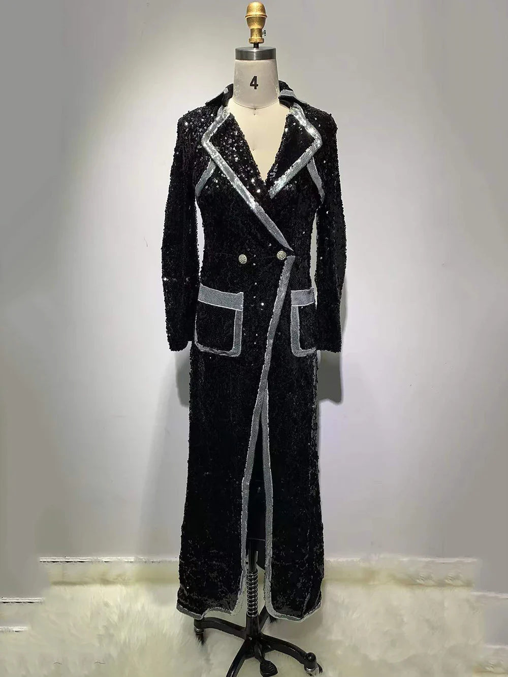 Black Sequins V-Neck Double-Breasted Full Sleeved Long Jacket