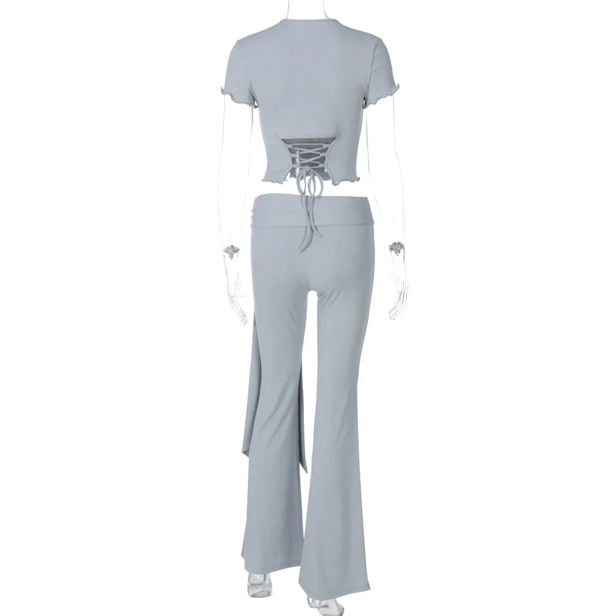 Lace-Up Navel Short Sleeve Top and Long Pants Set