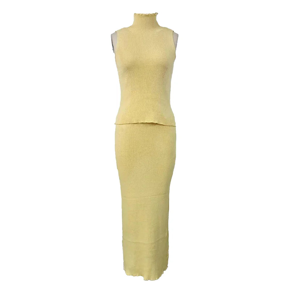 High Neck Knitting Top and Solid Long Skirt Suit