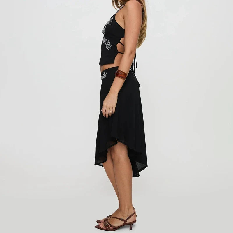 Floral Backless Tie-Up Top Irregular Hem Midi Skirt