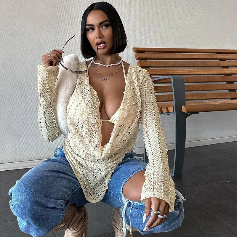 White Deep Cowl Neck Long Sleeve Top
