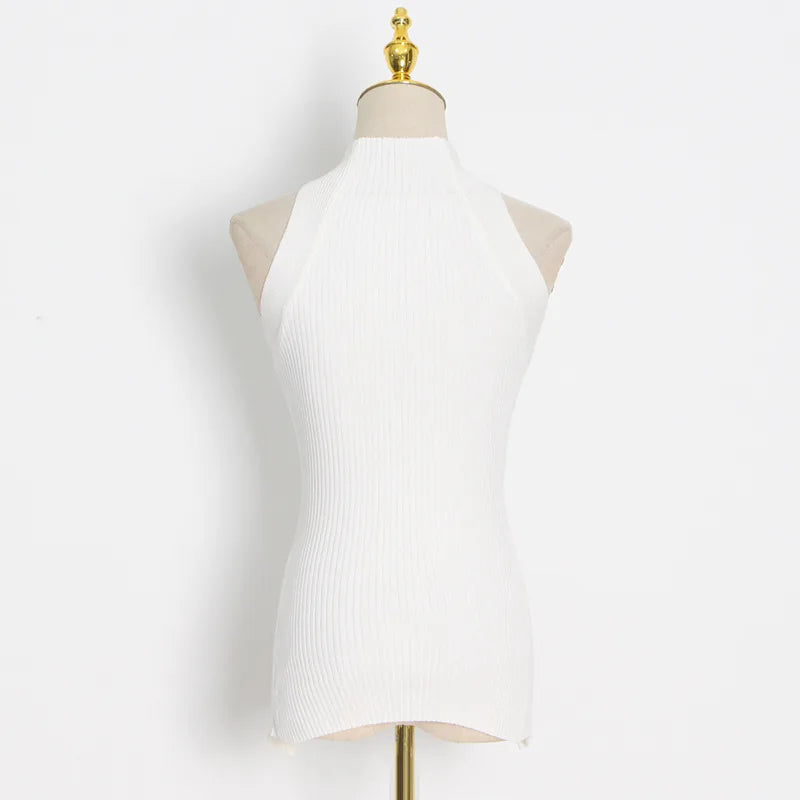 Sleeveless Knitted Solid Cross Hollow Out Top