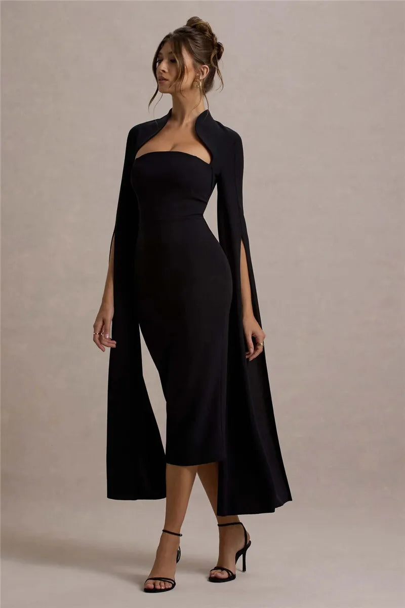 Cape Long Sleeve Square Collar Midi Dress