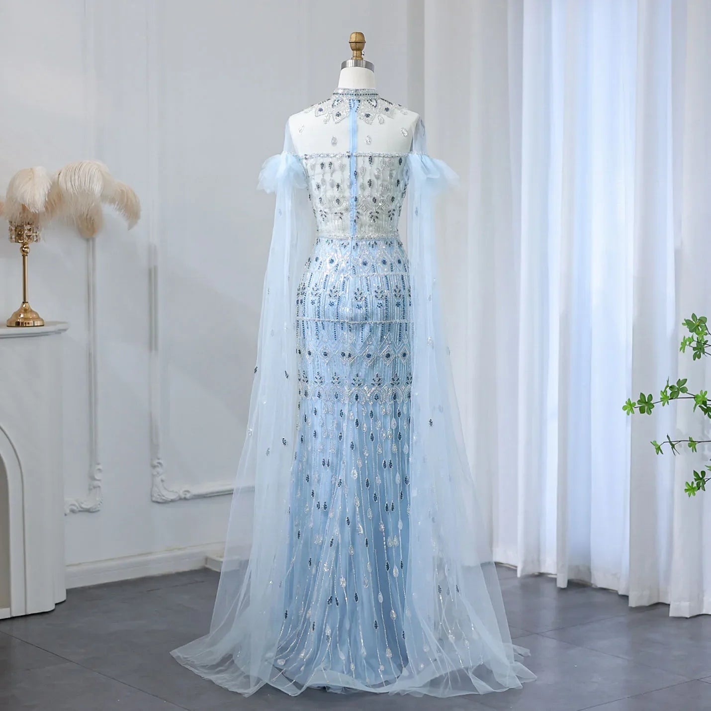 Light Blue Mermaid Evening Gown with Cape Sleeves