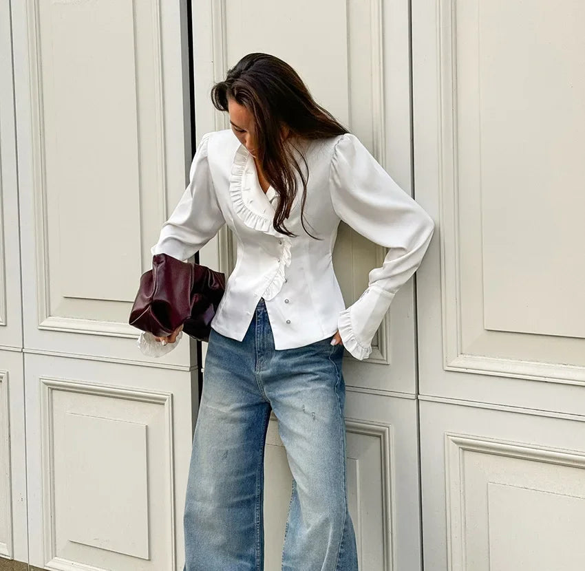 Women's White Ruffled Sleeve Cardigan Patchwork Blouse