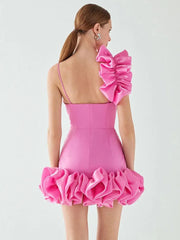 Pink One Shoulder Ruffles Mini Dress