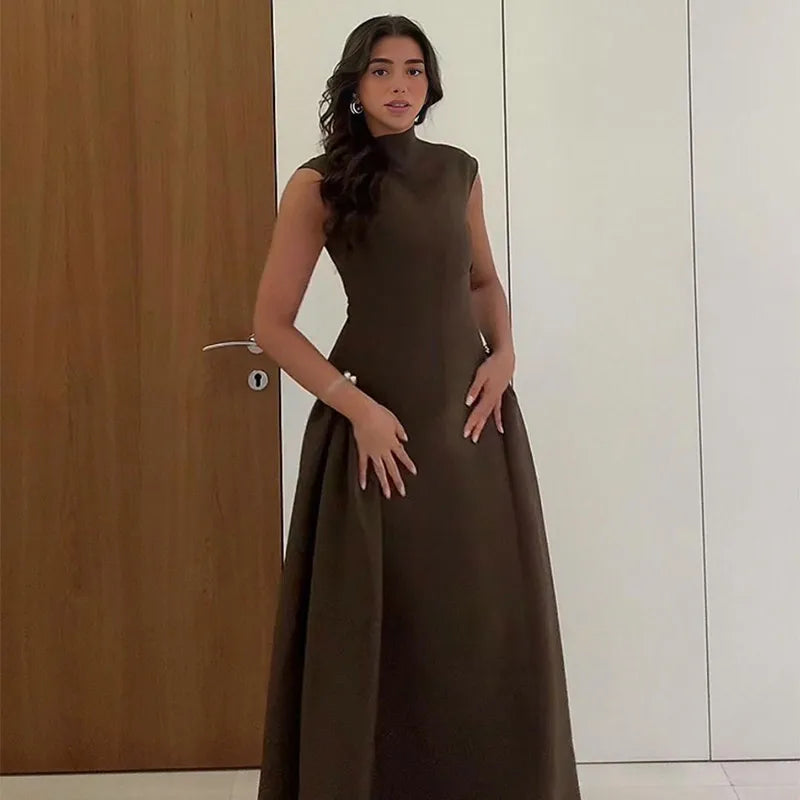 Slanted Collar Solid Pleated Long Dress