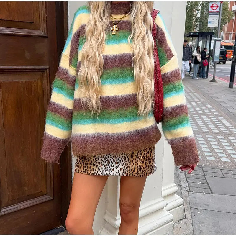 Mohair Striped Long Sleeve Contrast Sweater