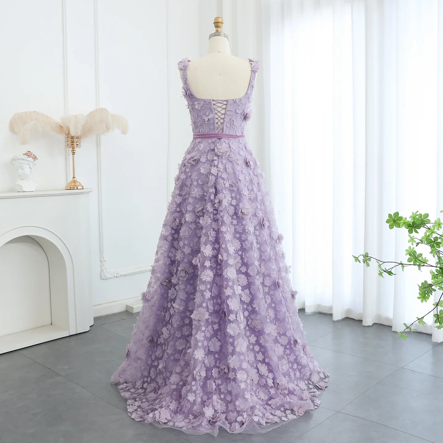 Lilac 3D Embroidered Flowers High Slit Evening Dress