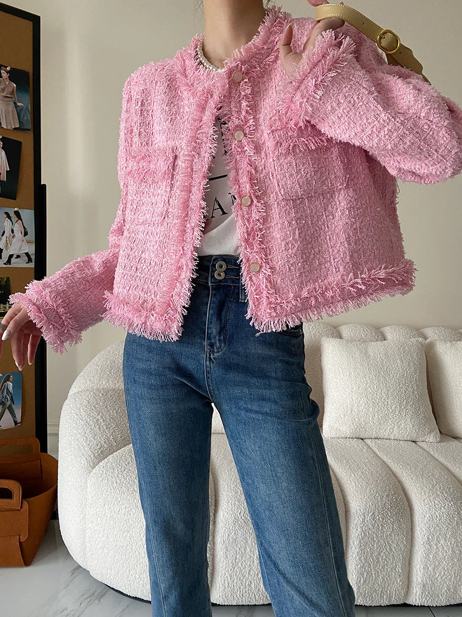 Pink Fringe Fur Shoulder Pad Tweed Blazer