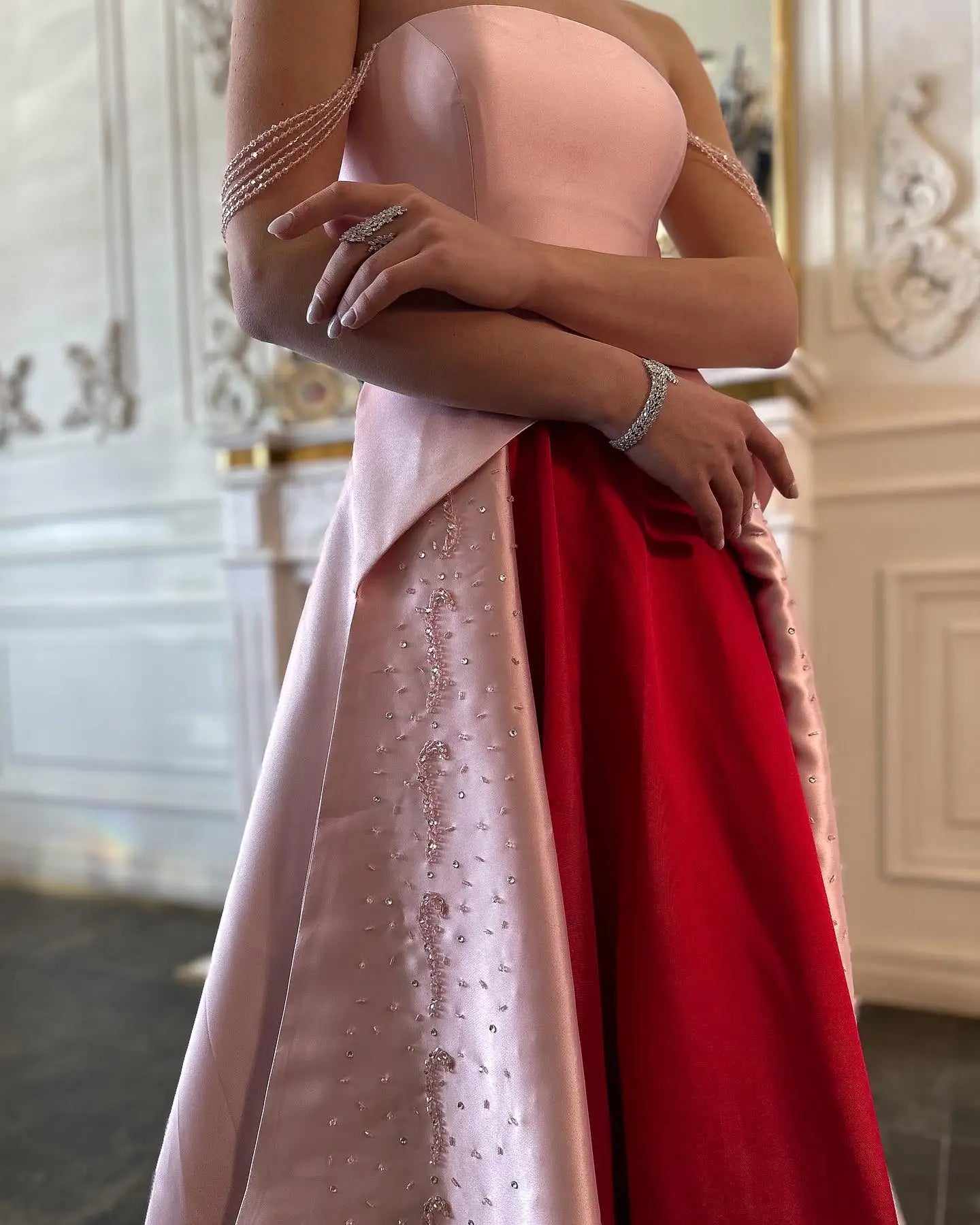 Strapless Pink and Red Two-Tone Evening Gowns
