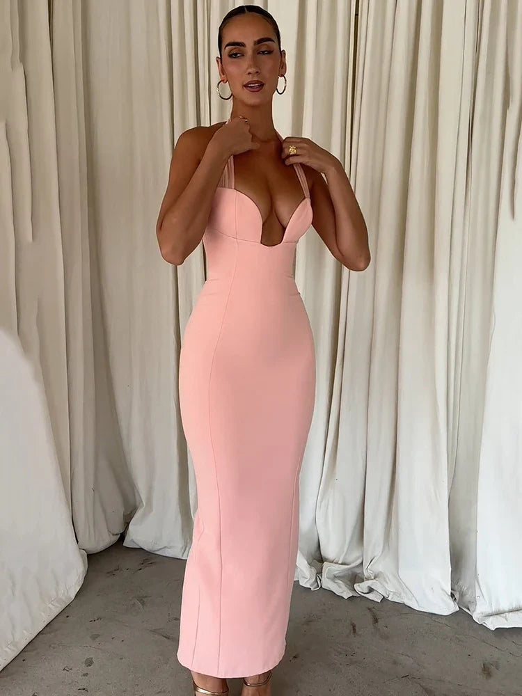 Pink Deep Neck Halter Bodycon Midi Dress