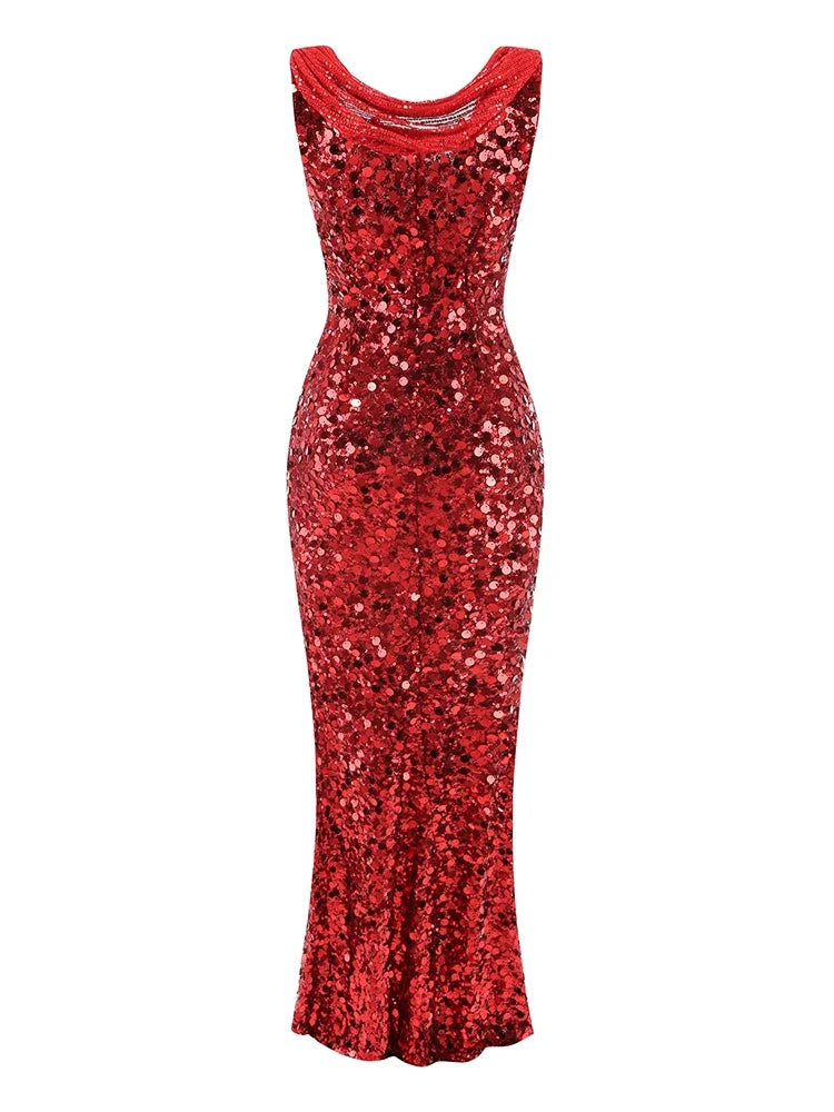 Swinging Neck Sequins Red Long Dress