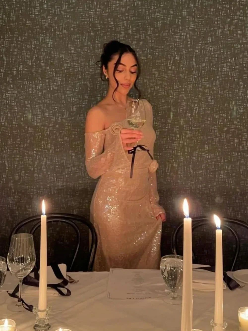 Mesh Sequin 3D Flower Long Sleeve Bodycon Maxi Dress