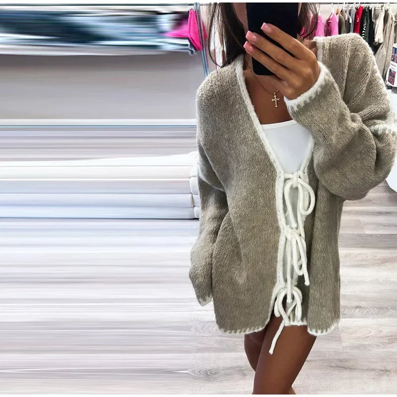 Oversized Hollow Contrast Bow Lace-Up  Knitwear Cardigan