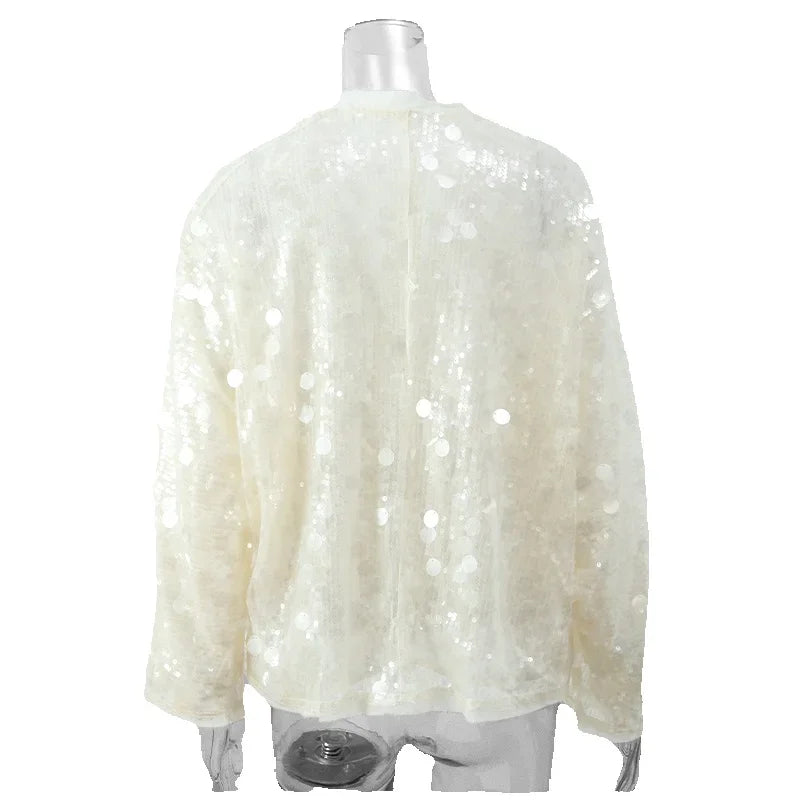 White Sequins Patchwork Lace-up Shirt For Women