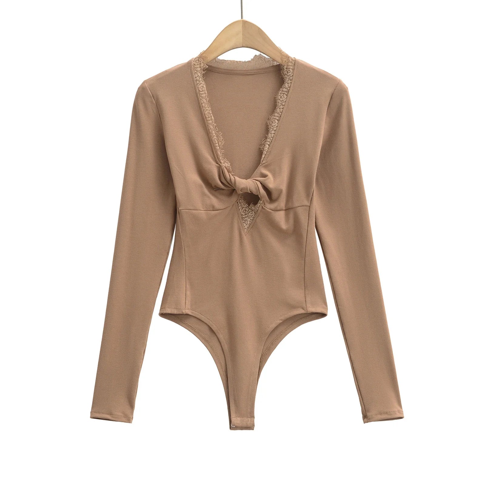 Spliced Lace Bow V neck Jersey Long Sleeve Bodysuit