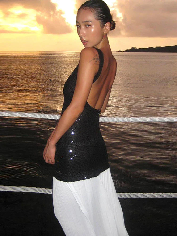 Sequined Patchwork Backless Long Dress