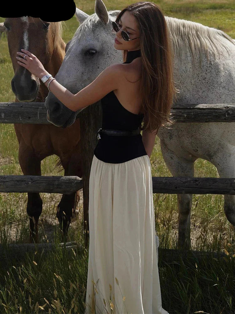 Contrast Patchwork Halter Backless Long Bodycon Dress