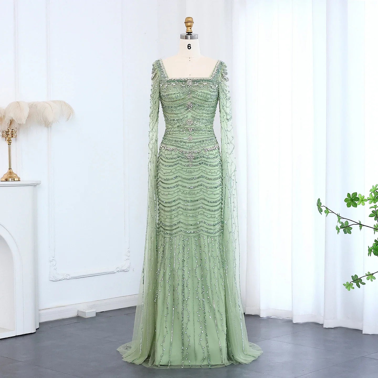 Caramel Square Neck Mermaid Evening Dress Cape Sleeves