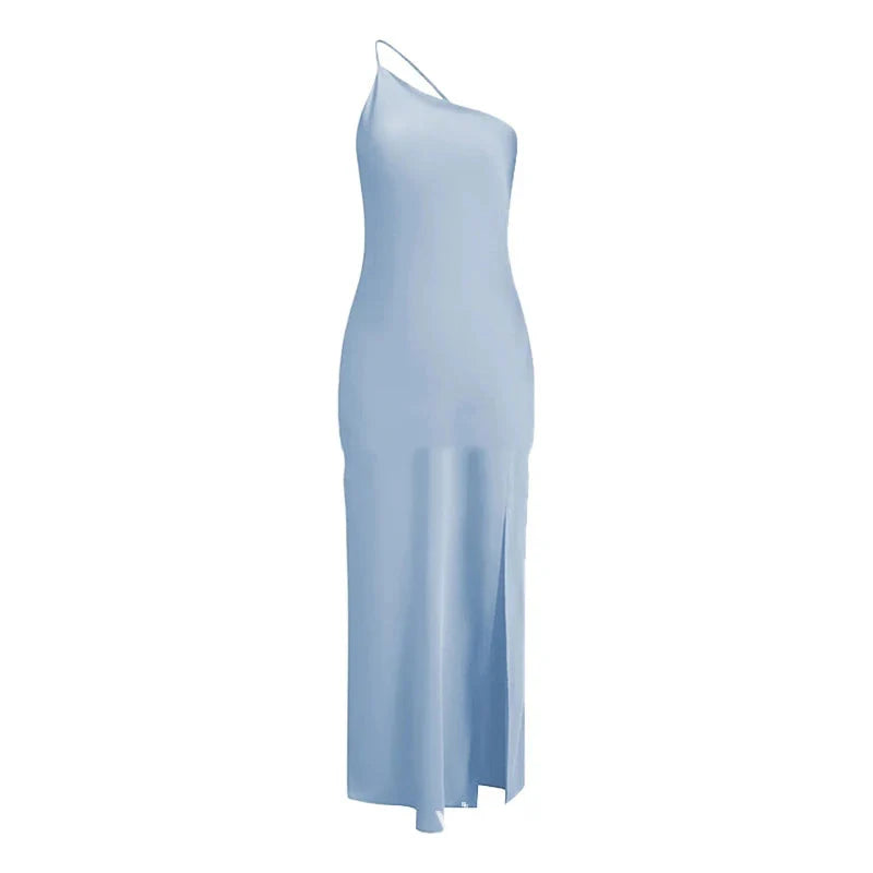 Backless Satin Slant Shoulder Solid Slit Long Dress